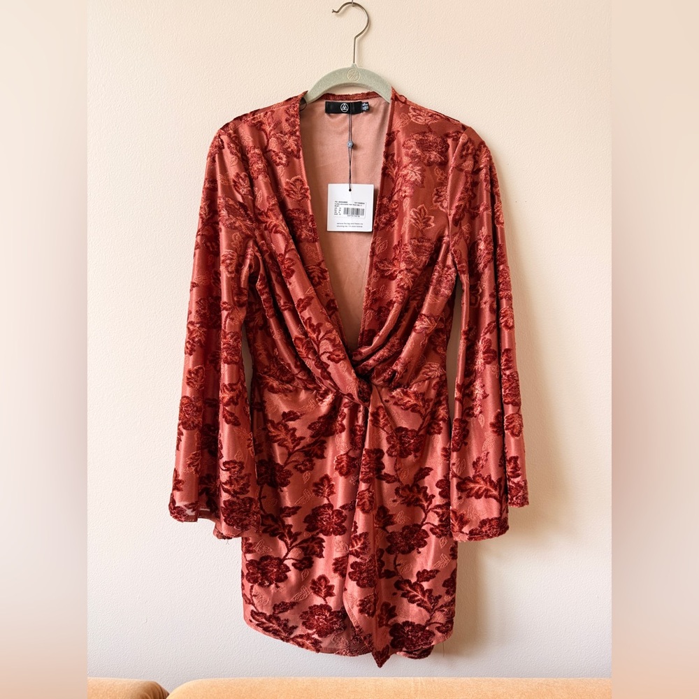 Missguided Rust Red Velvet Floral Mini Dress